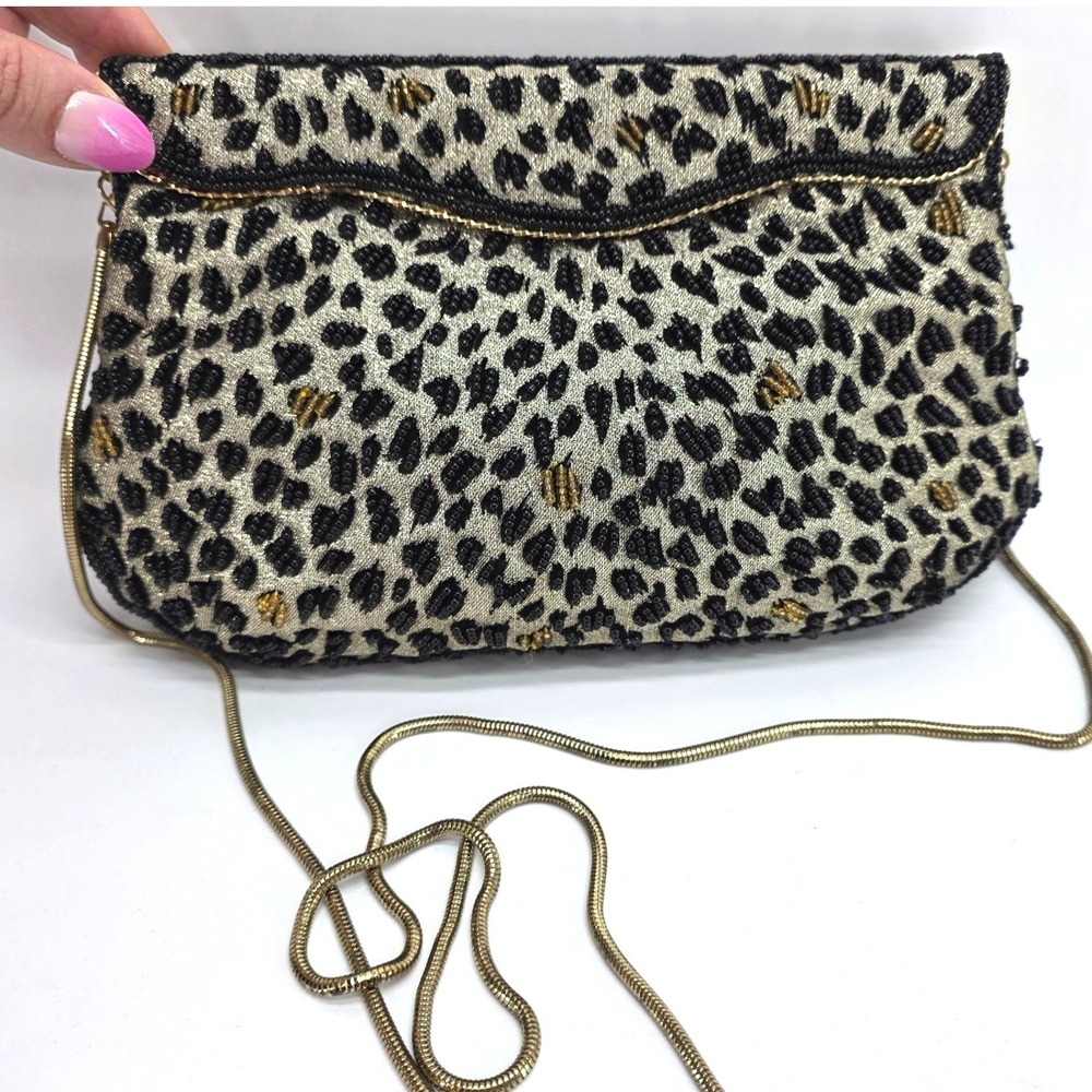 Vintage Cedars Beaded Leopard Evening Shoulder Bag Gold Black Hinge 90s Glam 80s